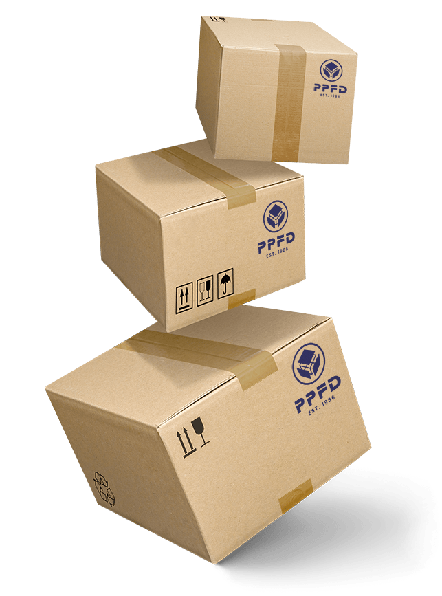 Three stacked cardboard boxes with the logo "PPFD" and various handling symbols. The boxes are neatly taped and ready for shipping.