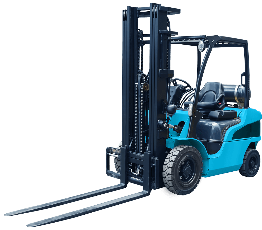 A modern forklift truck with a blue and black color scheme. The forklift features a spacious operator seat, sturdy tires, and two long prongs at the front for lifting and transporting heavy materials.