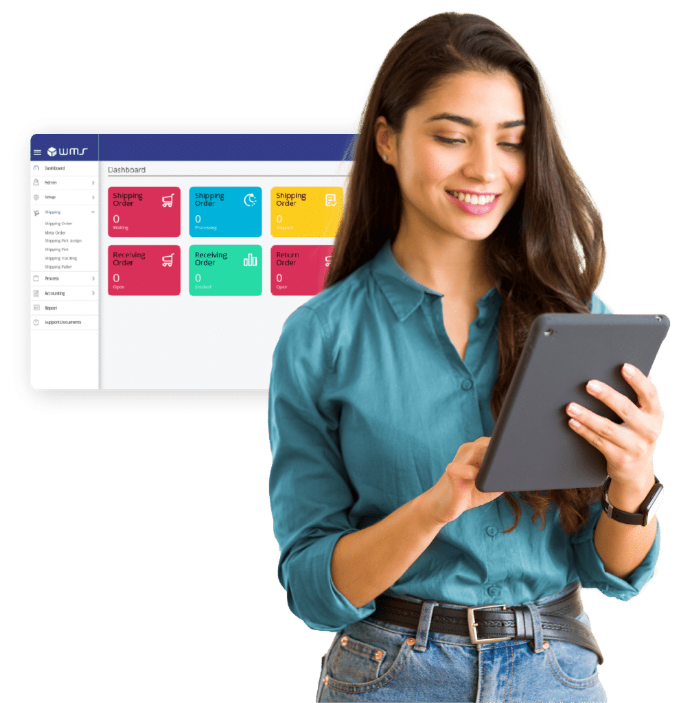 Smiling woman holding a tablet, with a digital dashboard displayed on a screen behind her. The dashboard features colorful widgets labeled with various order statuses. She is wearing a teal shirt and jeans.